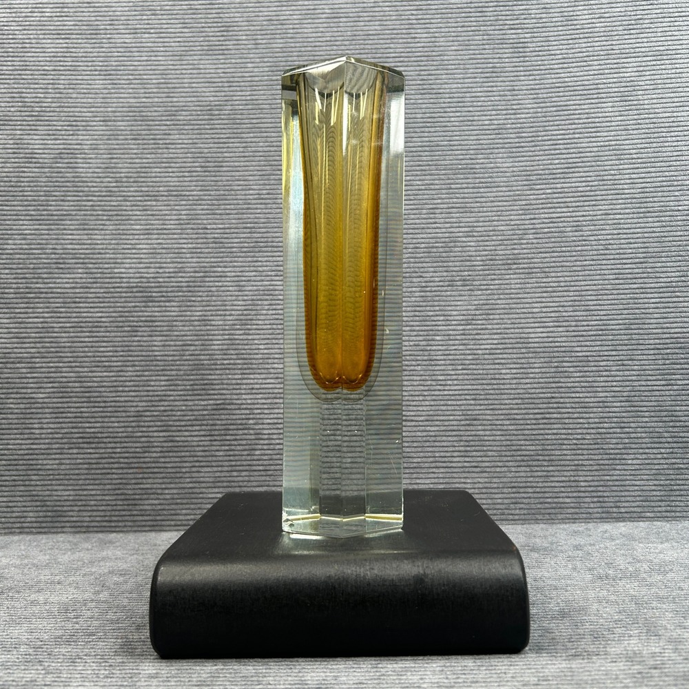 Vintage Flavio Poli Murano Hexagonal Sommerso Glass Vase Amber Clear Crystal MCM
